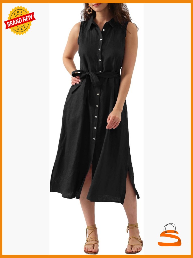 Pure Linen Summer Button Down Midi Dress With Pockets Belt